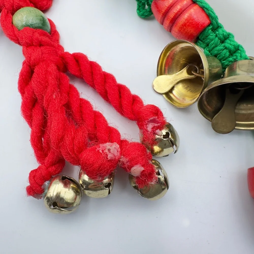 Vintage‎ Macrame Christmas Door Hangers Noel Joy Red Green Jingle Bells Set of 2